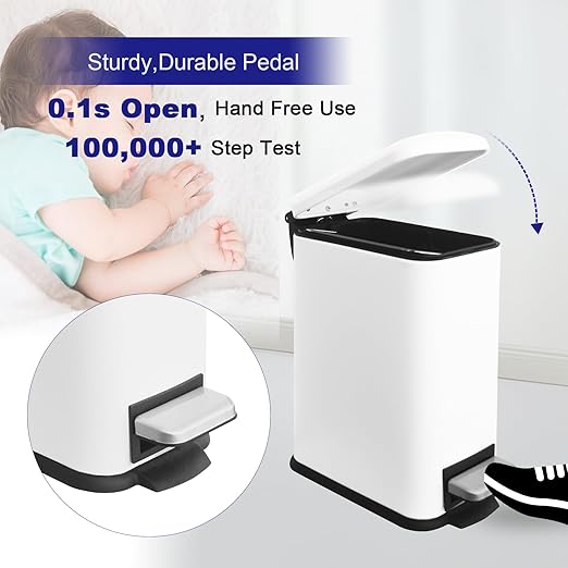 Small Bathroom Trash Can with Lid, 5L/ 1.3 Gallon Trash Can with Removable Inner Bucket, Slim Trash Can with Soft Close lid, Stainless Steel Step Pedal Garbage Can for Bathroom, Office, White