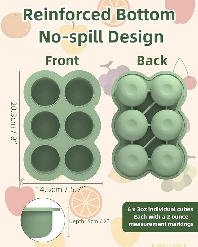 Baby Food Freezer Tray with Lid, 6 x 3 Ounce Silicone Freezer Molds Storage Container for Homemade Baby Food, Breast Milk, Fruit Puree & Vegetables (Green)