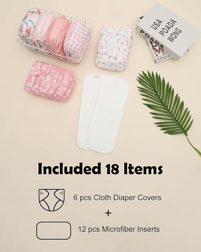 ALVABABY Baby Cloth Diapers 6 Pack with 12 Inserts Cloth Diaper Covers Adjustable Washable Reusable for Baby Girls and Boys 6DM138A