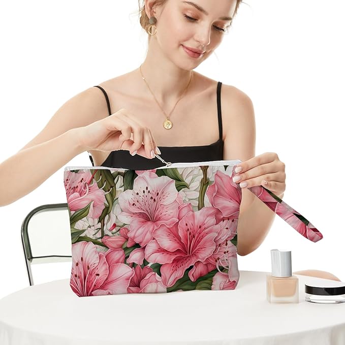 Fokongna Floral Print Wet Bag, Small Portable Waterproof Multi-Functional Organizer for Women, Pink Lilies, Ideal for Daily, Beach & Travel