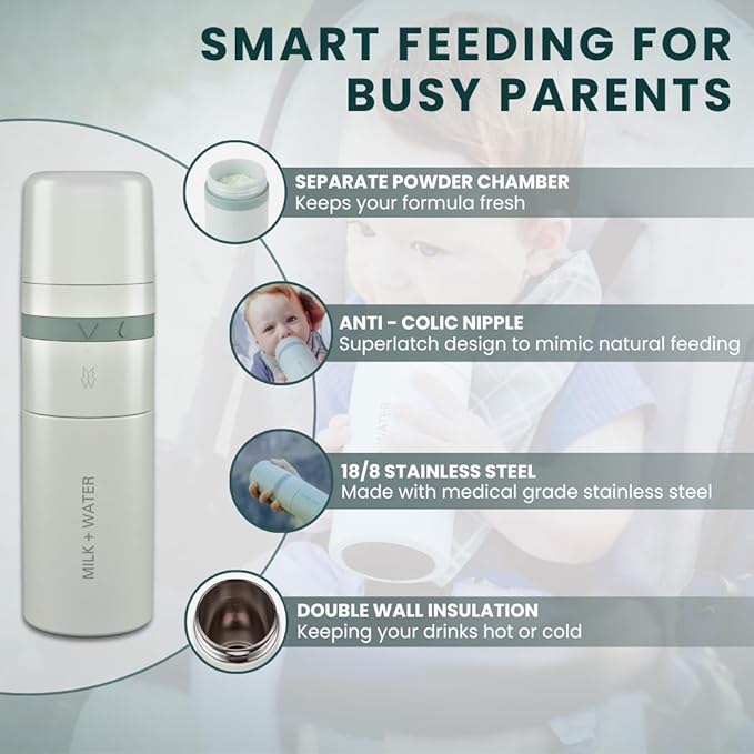 MILK & WATER All in One Baby Bottle & Baby Formula Dispenser On the Go, 5oz - Keeps Water Warm & Formula Fresh - Baby Formula Mixing Bottle with Anti Colic Nipple - Leak-Proof - 0+ Months (Green)