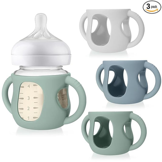 Juome Silicone Sleeves with Handles for Avent Natural Glass Baby Bottle - 3 Pack Anti Breakage Baby Bottles Holder, Compatible with Philips Avent Anti Colic Baby Bottles 4 oz