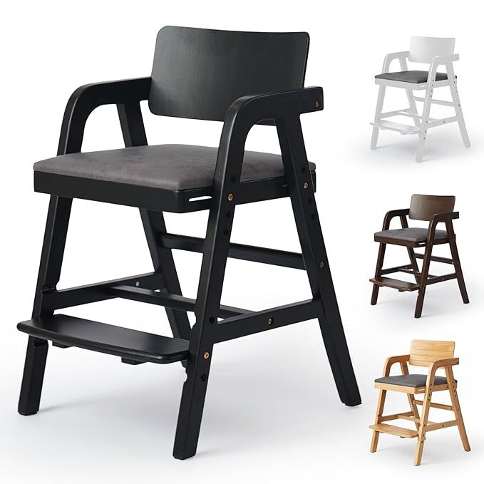 Wooden High Chair for Toddlers and Baby, Adjustable Toddler Dining Chair Grows with Kid, Ergonomic Baby HighChair for Babies, Wipe Clean Skin-Friendly Cushion, for Home & Restaurant - Black