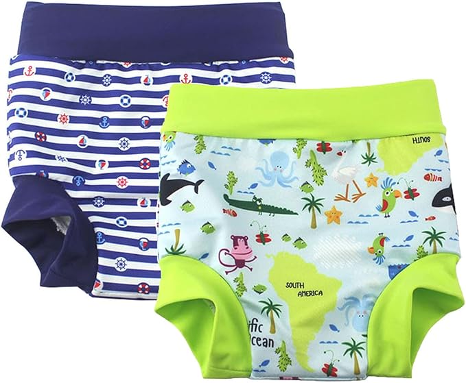 Swim Nappies for Baby Girls and Boys Reusable and Toddler Swim Diaper High-Waisted Swimming Shorts (18-24 Months, Navy+Green)
