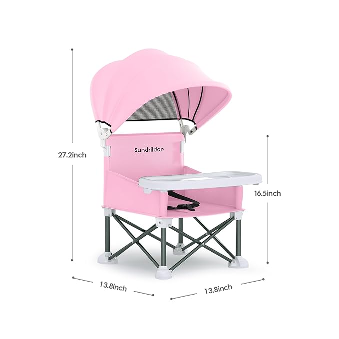 Portable Baby Booster Seat with Removable Tray & Canopy - 3 Point Safety Harness, Compact Fold for Travel, Indoor Outdoor Use for Infants & Toddlers, Pink