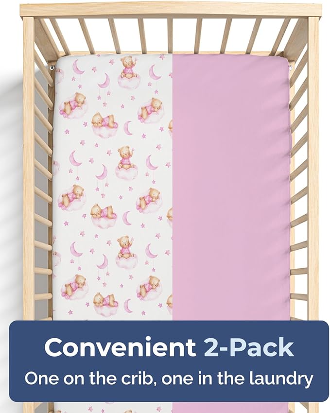 Baby Crib Sheets for Boys & Girls - Pack of 2 Fitted Microfiber Crib Sheets for Standard Crib & Toddler Mattress - Soft, Breathable & Wrinkle Free - Machine Washable, Oeko Tex - 52x28x8in - Dream Bear