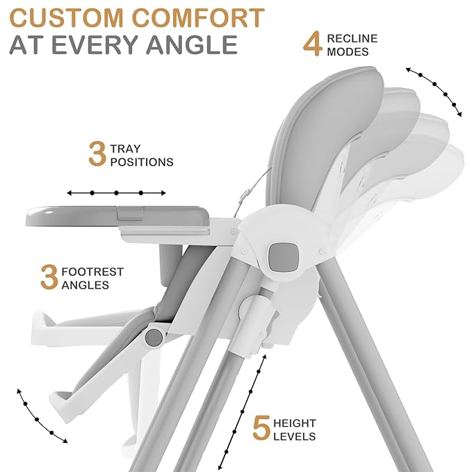 3-in-1 High Chairs for Babies and Toddlers, Foldable Baby High Chair with Rocking Mode, 5 Height Levels, Adjustable Backrest & Footrest, Lockable Wheels (Grey)