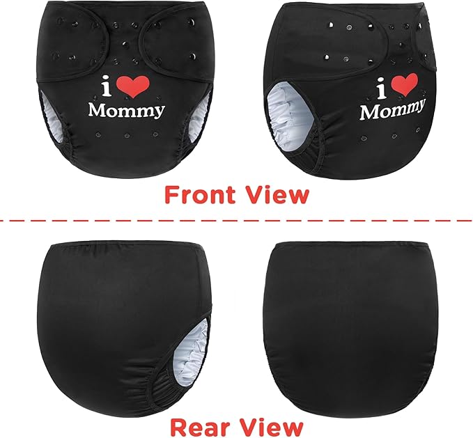 Littleforbig Washable Adjustable Reusable Waterproof Cloth Adult Diaper Wrap Cover One Size - I Love Mommy Black