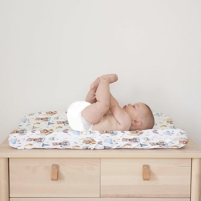 Cartoon Cute Bear Boy Changing Pad Covers Blue Bear Rainbow Moon Stars Clouds Leaf Baby Change Table Sheets Cover for Boys Girls Soft Stretchy Diaper Changing Table Mats 32''x16''