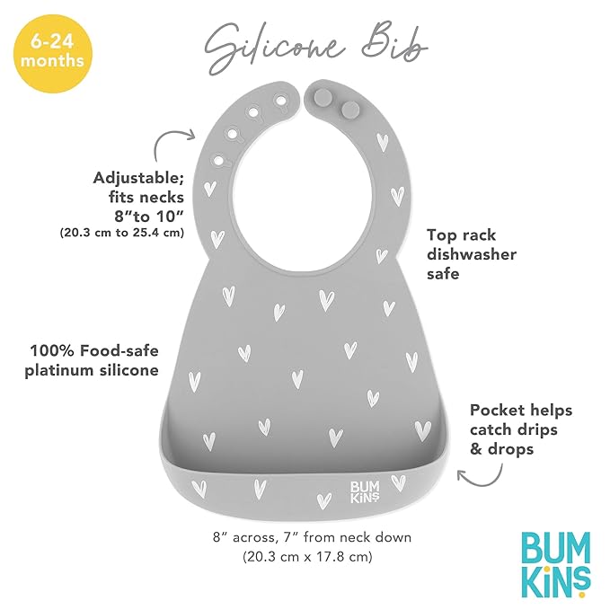 Bumkins Bibs, Silicone Pocket for Babies, Baby Bib for Girl or Boy, for 6-24 Months Up to Toddler, Essential Must Have for Eating, Feeding, Baby Led Weaning Supplies, Mess Saving, Gray Hearts