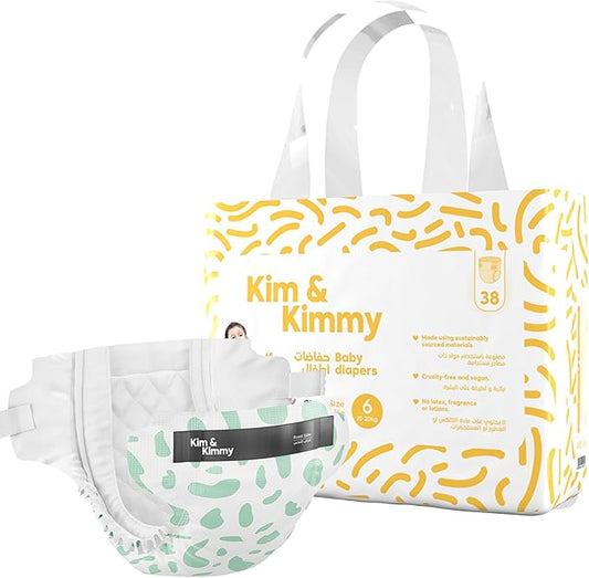 Kim & Kimmy Eco Diapers, Size 6, 33-44 lbs, 38 Diapers - 12 Hour Leak Protection, No Rashes, Hypoallergenic, Ultra-Soft & Highly Absorbent - Cruelty Free & Vegan - Green Dalmatian