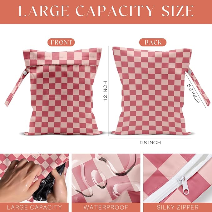 4 Pack Cute Wet Bag Waterproof Washable Reusable Wet Dry Bag for Swimsuit Dirty Clothes Diaper Travel Pool Yoga Gym Birthday Party Camping Toiletries Travel Beach Essentials, Colorful Checkered
