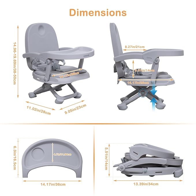 Baby Booster Seat for Dining Table with Removable Tray & Cushion, 3in1 Portable Toddler Booster Seat, 4 Height Adjustable Travel High Chair for Babies and Toddlers