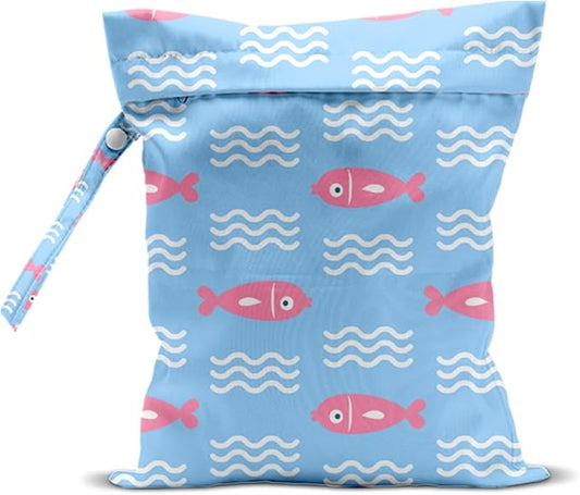 Wet Bag, Wet Dry Bag, Waterproof Swim Bags, Machine Washable Reusable Bags for Beach, Pool, Diapers, and Dirty Yoga Gym Clothes(Pink Fish & Wave Pattern