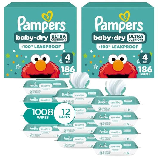 Pampers Baby Dry Disposable Baby Diapers Size 4, 2 Month Supply (2 x 186 Count) with Sensitive Water Based Baby Wipes 12X Multi Pack Pop-Top and Refill (1008 Count)
