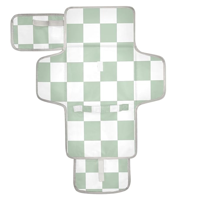 Portable Diaper Changing Pad Travel Baby Changing Mat Waterproof Diaper Changing Mat Foldable Lightweight Baby Changer with Built-in Pillow Checkered White and Green