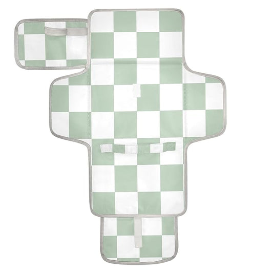 Portable Diaper Changing Pad Travel Baby Changing Mat Waterproof Diaper Changing Mat Foldable Lightweight Baby Changer with Built-in Pillow Checkered White and Green