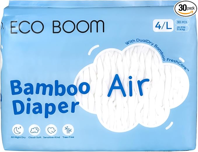 ECO BOOM Air Diapers, Tree-Free & Gentle for Sensitive Skin, Ultra Soft & Breathable, Reliable Overnight Protection, Size 4, 20-31 lbs