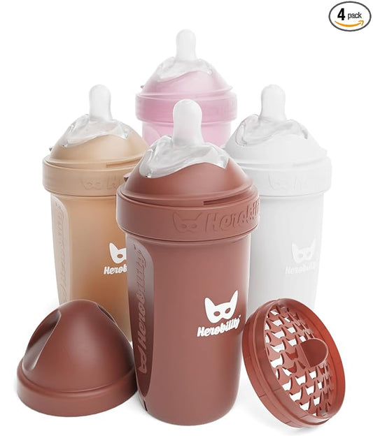 Herobility Anti-Colic Baby Bottles 8.5 fl oz/240ml - Pack of 4 Plastic Baby Bottles, Medium Flow Plastic Bottles, Breast-Shaped Teat for Breastfed Babies - Multicolor - Sand, Woodchuck, Pink, White