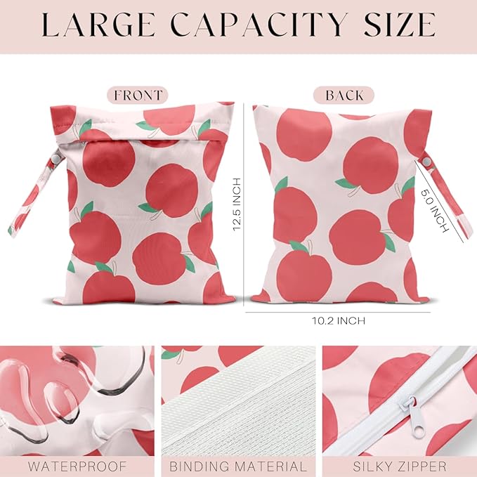 Wet Bag, Wet Dry Bag, Waterproof Swim Bags, Machine Washable Reusable Bags for Beach, Pool, Diapers, and Dirty Yoga Gym Clothes(Pink Apple Print Pattern