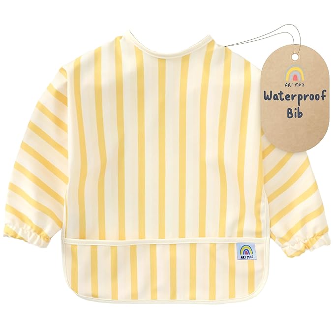 ARI MES Waterproof Long Sleeve Baby Bib for Eating-Yellow Stripes Pattern, Large-Toddler Smock with Catch-All Pocket, BPA Free, Machine Washable, Wearable Feeding Bib for Boys & Girls 6-72 Months