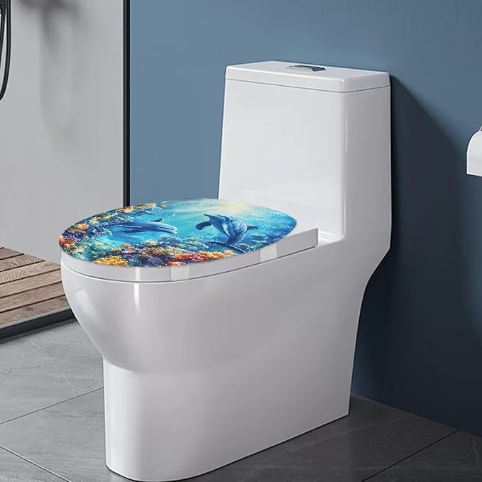 Toilet Seat Covers for Bathroom Dolphin Toilet Lid Covers Soft Flannel Fabric Breathable Toilet Lid Cover Elongated Toilet Seat Covers Decoration Blue