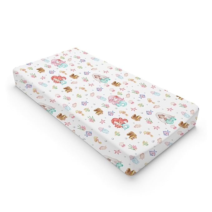 Watercolor Mermaids Changing Pad Covers Ocean Animals Fish Sea Horse Jellyfish Conch Coral Diaper Change Table Sheets for Boy Girl Soft Breathable Stretch Baby Change Table Pad Mats Covers 32''x16''