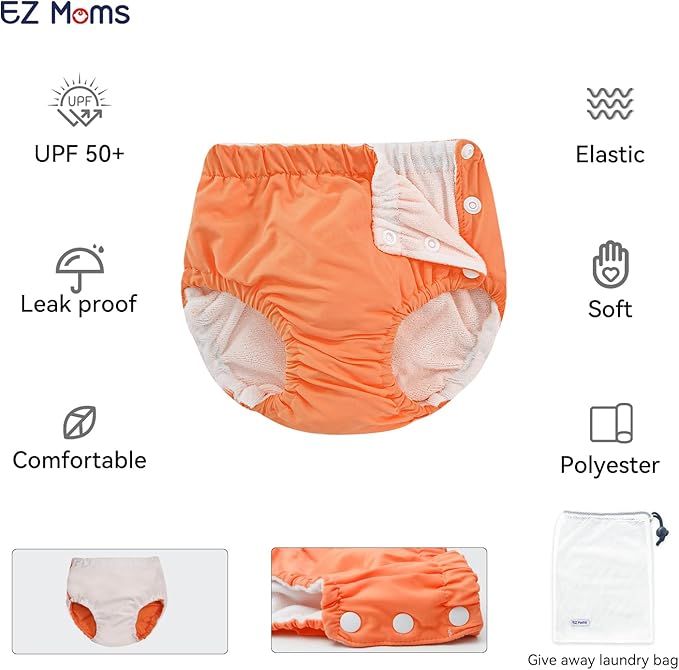 EZ Moms 2 Packs Reusable Swim Diapers Toddler Baby Swim Diaper Size 2 Washable Snap Pool Swimming Diaper 18-24 Months Soft Waterproof Diapers for Swimming Lessons Boys and Girls with a Laundry Bag