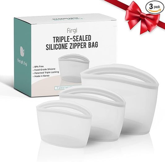 Reusable Silicone Food Storage Bags, 3-Pack Variety Set (2, 3.5, 6 Cups), Made in Korea BPA-Free Silicone, Triple-Airtight Freezer Bags, Microwave Safe, Sous Vide, Zip Lock Pouch, White