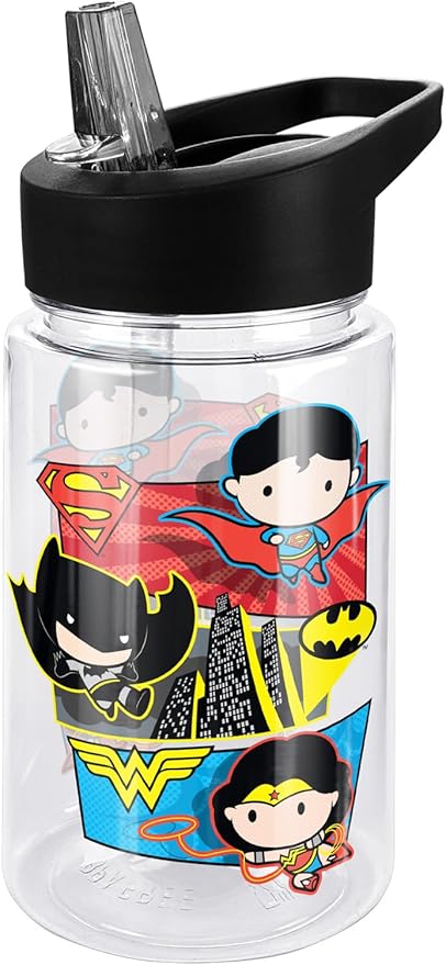 LOGOVISION Justice League Kids Tritan Plastic Water Bottle with Straw Lid and Handle, Reusable Tumbler for Toddlers, Unisex for Girls and Boys, 12oz, Trio Panels