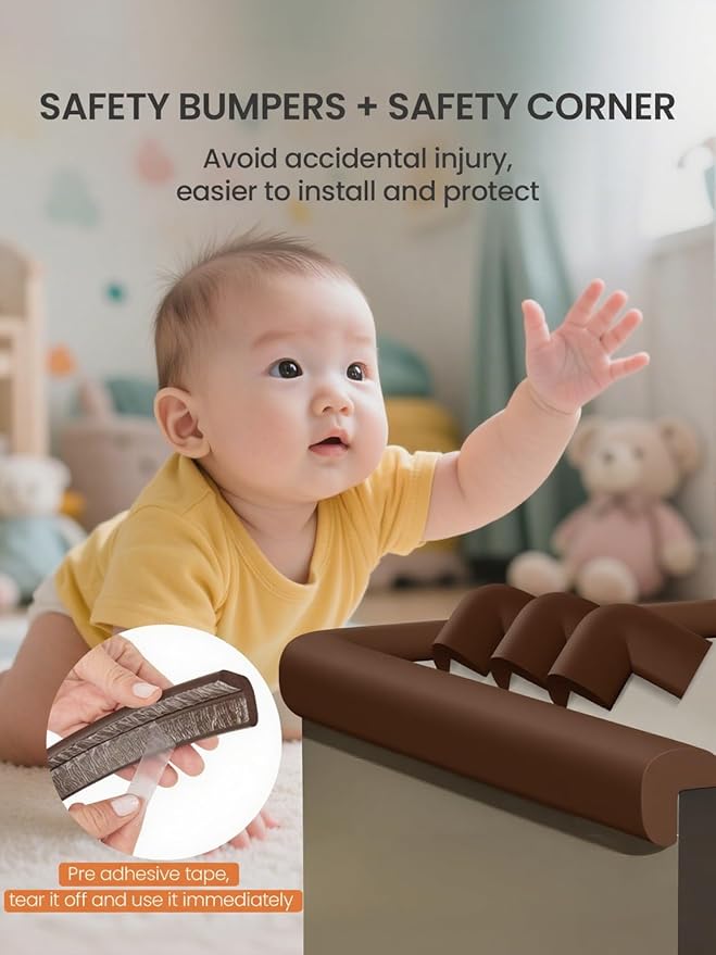 Baby Proof Edge Corner Protector, 6.56FT 0.47''Th L-Shape Furniture Corner & Edge Safety Bumper with 6 Corners, Pre-Taped, Soft NBR Rubber Foam Desk Edge Cushion Wall Corner Protector (Coffee)