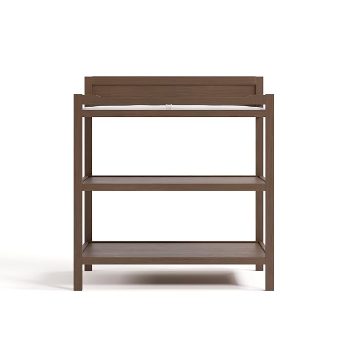 Storkcraft Alpine Changing Table (Hazelnut) - Includes Water Resistant Changing Pad with Safety Strap, 2 Open Shelves for Storage