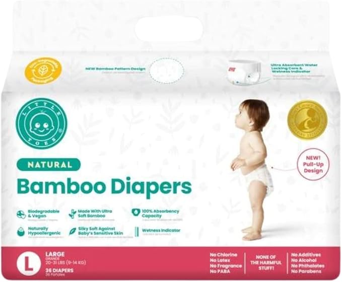 Little Toes Patented Natural Disposable Viscose Diapers ǀ Day and Overnight Diapers ǀ Sustainable ǀ Size 4 Large ǀ 36 Pack
