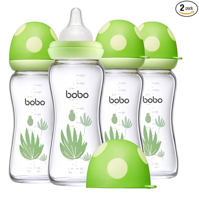 YOHKOH Natural Glass Baby Bottle with Level 2 Medium Flow Nipple, Newborn Anti-Colic Baby Bottles, Wide Neck Mushroom Baby Glass Bottle (8.8oz (Pack of 4), Green)