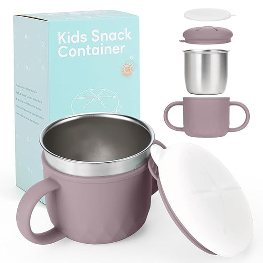 Toddler Snack Containers Stainless Steel Spill-Proof Snack Containers for Toddlers with Spill-Proof Silicone Lids and Handles 4-in-1 Baby Snack Cup is Dishwasher Safe for Easy use On The Go（Purple）
