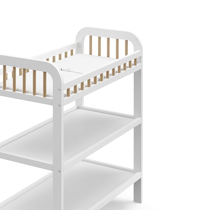 Storkcraft Pasadena Changing Table with Water-Resistant Changing Pad (White with Driftwood) - GREENGUARD Gold Certified, Includes Bonus Water-Resistant Changing Pad with Safety Strap, 2 Open Shelves