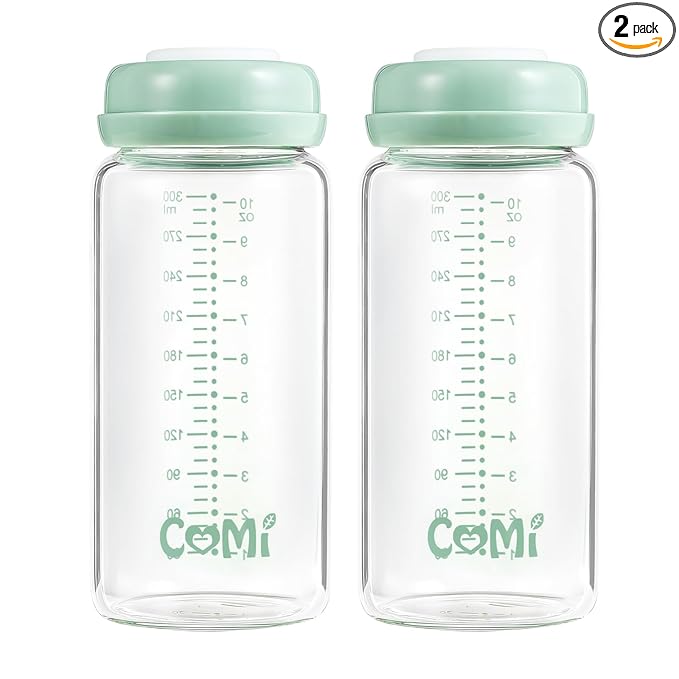 COMI Wide Neck Glass Breastmilk Collection n Storage Bottle, 2 Packs,10oz with Screw Ring Sealing Disk,Re-markable Sealing Disc,BPA Free,Fits Breast Pumps&Nipples(2 Green Lids)