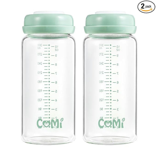COMI Wide Neck Glass Breastmilk Collection n Storage Bottle, 2 Packs,10oz with Screw Ring Sealing Disk,Re-markable Sealing Disc,BPA Free,Fits Breast Pumps&Nipples(2 Green Lids)