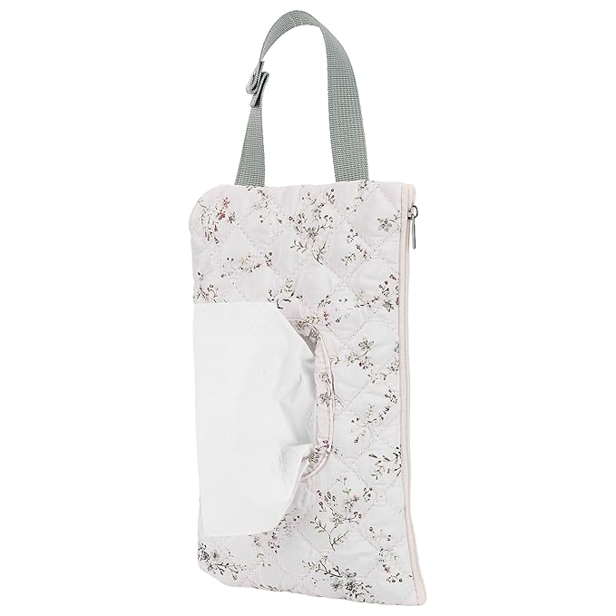 Quilted Baby Wipe Holder, Canvas Floral Quilted Pouch with Hanging Strap, Portable Diaper Wipe Holder for Travel Stroller-Green Leaves
