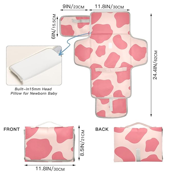 Portable Diaper Changing Pad Travel Baby Changing Mat Waterproof Diaper Changing Mat Foldable Lightweight Baby Changer with Built-in Pillow Cow Print Pink