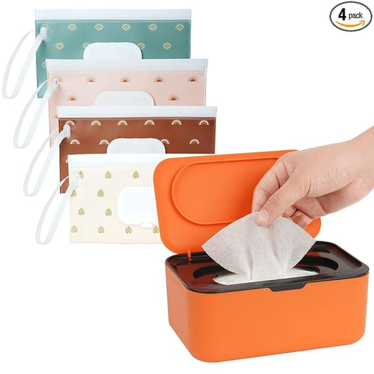 Wipes Dispenser with 4 Pack Portable Baby Wipe Case, Wipe Holder for Baby & Adult, Seposeve Refillable Wipe Container, Keeps Wipes Fresh, Easy Open/Close Wipes Pouch Case, Orange+ 4 Multicolor