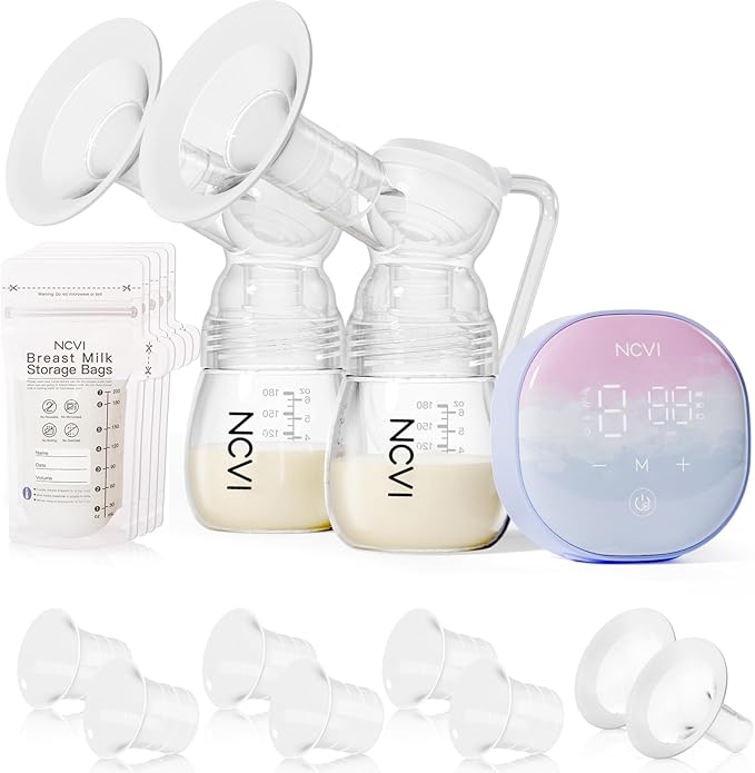 NCVI Double Electric Breast Pump 8122, Portable Milk Breastfeeding Pump with 4 Modes 9 Levels, Hospital-Grade Suction 280mmHg with 17/19/21/24mm Flanges for Home, Office and Travel, USB Rechargeable