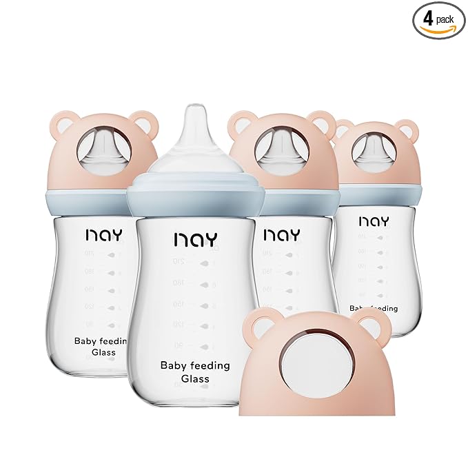 yanyoyo Natural Glass Baby Bottle for Breastfeeding Babies, 8oz Anti-Colic Baby Bottle with Natural Response Nipple(M), Clear, Wide Neck, 4 Pack, 3 Months+