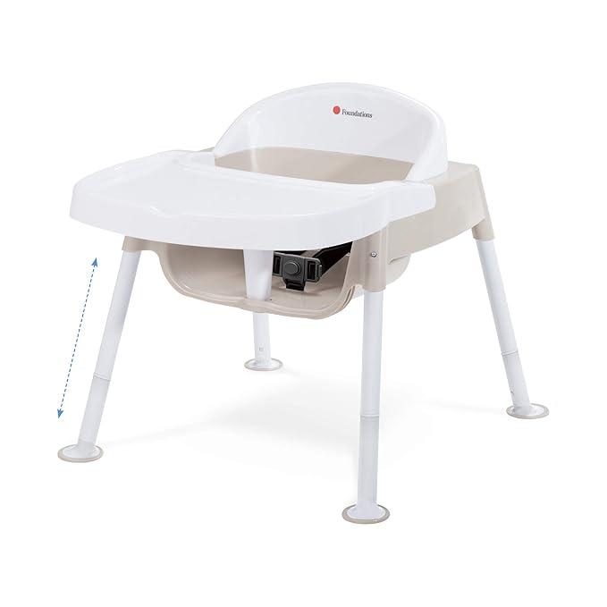 Foundations Secure Sitter 7-13" Adjustable Height Feeding Chair, 1 Pack, Stable “No Tip” Feet, 3-Point Adjustable Harness, Removable Tray, Easy to Clean, Smooth Plastic, White/Tan