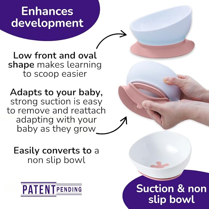 doddl 2-in-1 Baby & Toddler Suction Bowl with Removable Base, Converts to Non-Slip Self Feeding Dish, BPA & Toxin Free, Ergonomic High Back Oval Design, Dishwasher Safe, 6–48 Months (Dusky Rose)