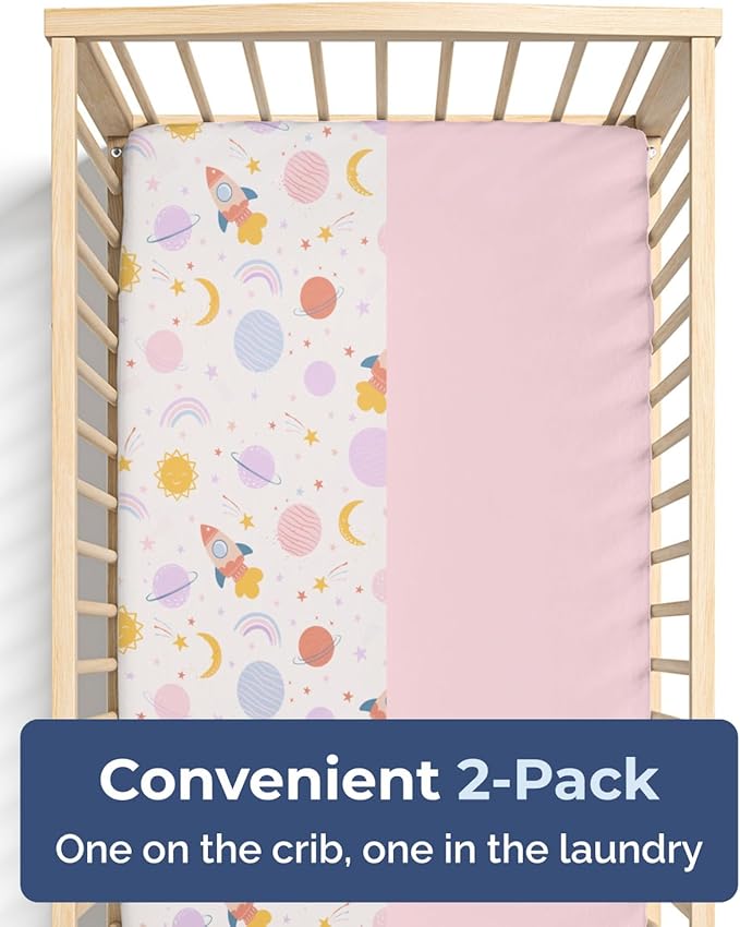2-Pack Mini Crib Sheets Fitted - Pack N Play Sheets for Pack and Play Mattress - Stretchy Soft Microfiber Playard Bedding - Mini Toddler Bed Cover for Boys & Girls - Oeko-Tex - 38 x 24in, Space Girl