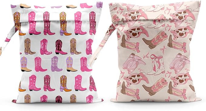 Pink Reusable Western Boots Pattern Wet Bag Waterproof Cloth Diaper Wet Dry Bag for Travel Beach Pool Daycare Soiled Toddler Items Yoga Gym - 2pcs