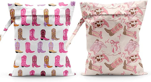 Pink Reusable Western Boots Pattern Wet Bag Waterproof Cloth Diaper Wet Dry Bag for Travel Beach Pool Daycare Soiled Toddler Items Yoga Gym - 2pcs