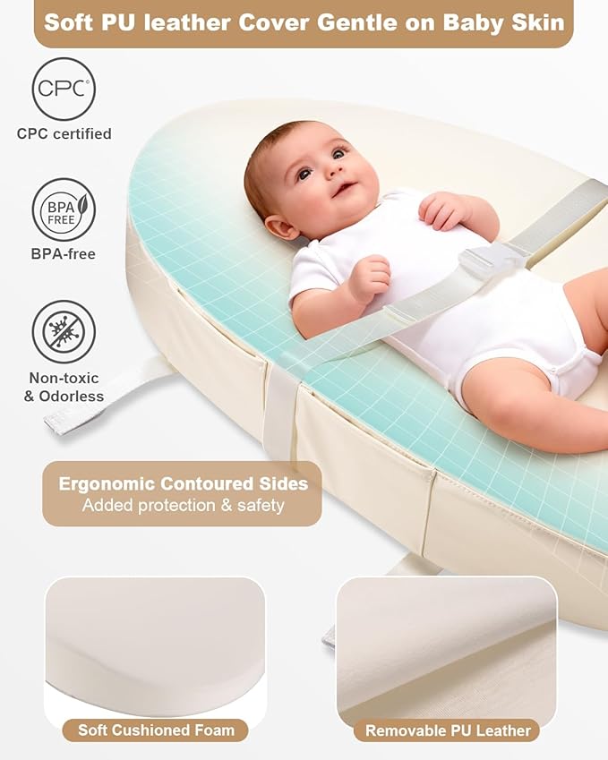 Baby Changing Pad with Waterproof & Wipeable PU Cover, Contoured Diaper Changing Pads for Dresser with Non-Slip Safety Belt, Portable Lightweight Changing Mat, Beige