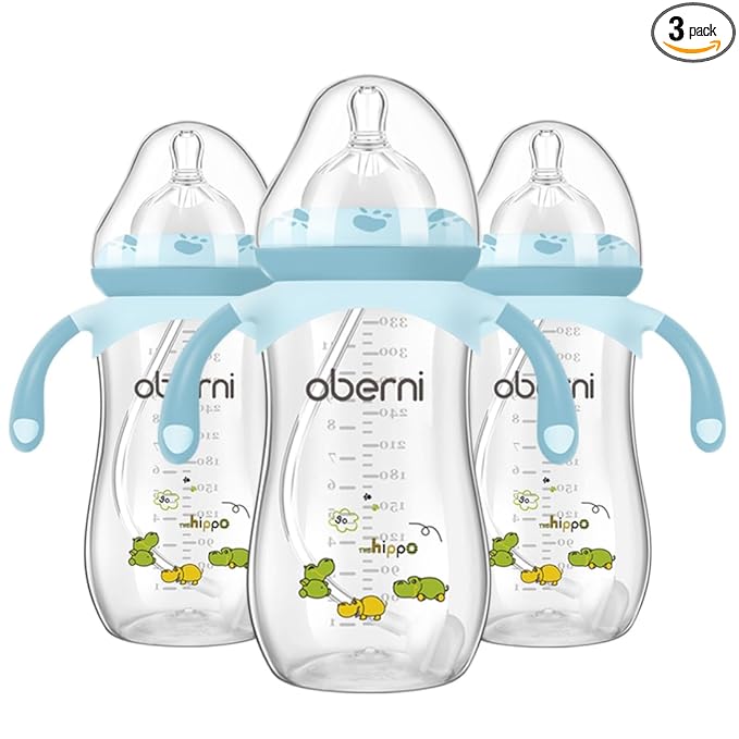 Oberni Baby Bottle 330ml, 11oz Weighted Straw Toddler Milk Feeding Bottle with Size “+” Variable Flow Teat for 12m+, Blue/ 3 Pack